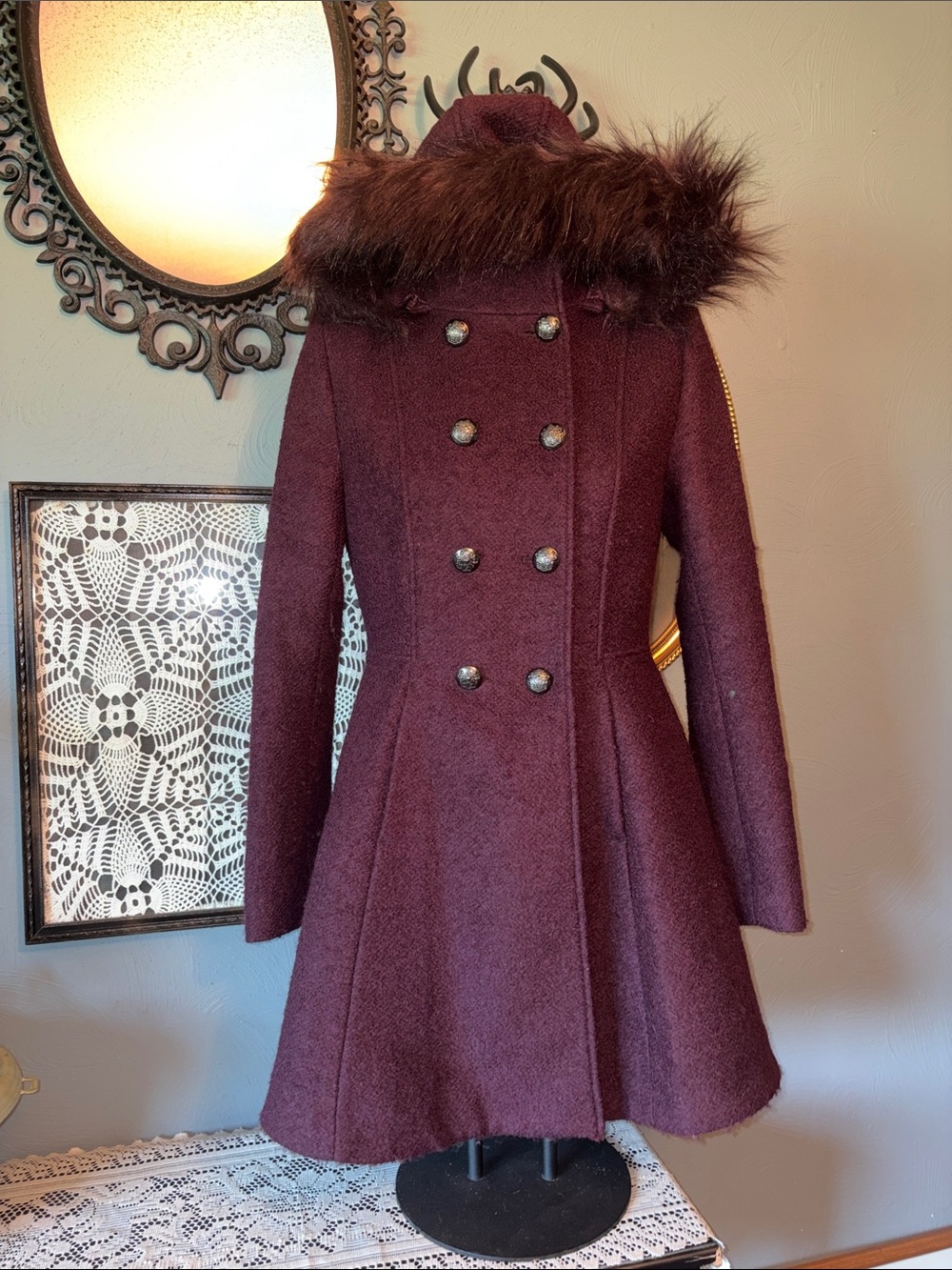 Liz Claiborne Burgundy Double-Breasted Pea Coat with Faux Fur Trim